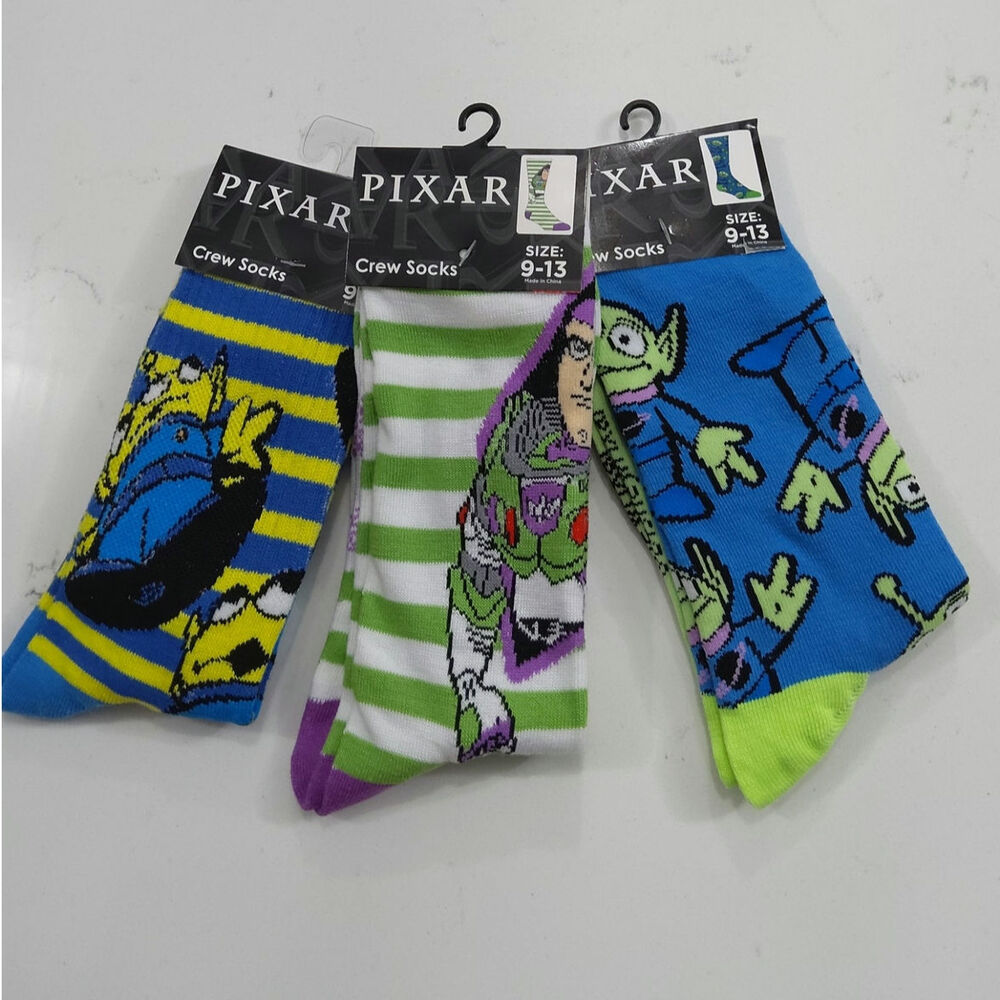 Disney Pixar Toy Story socks set three pair Buzz Lightyear/aliens size 9-13 crew